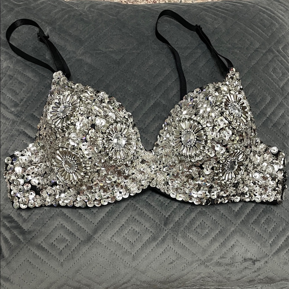 Silver Sequin and gem Embellished Silver push up Bra